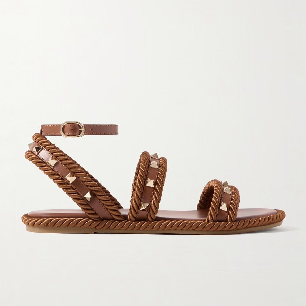 Valentino Rockstud Studded Torchon Rope Ankle Strap Flat Sandals Shoes
